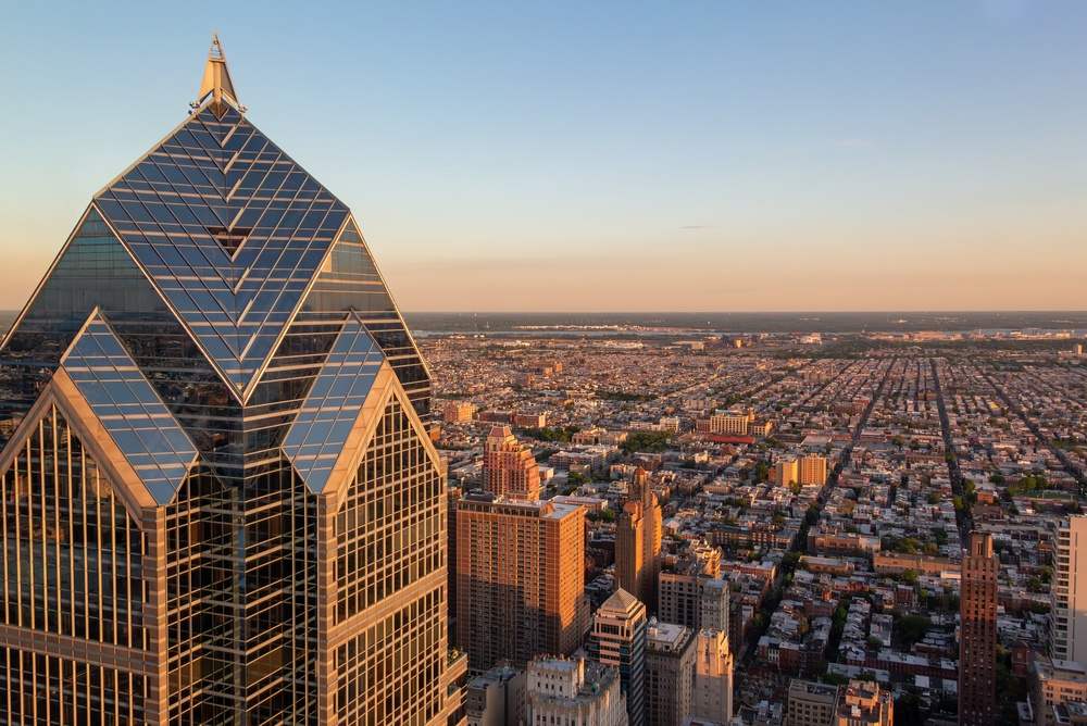 Aerial view of the Philadelphia skyline at sunset, where Ryan Zavodnick practices workers' compensation law